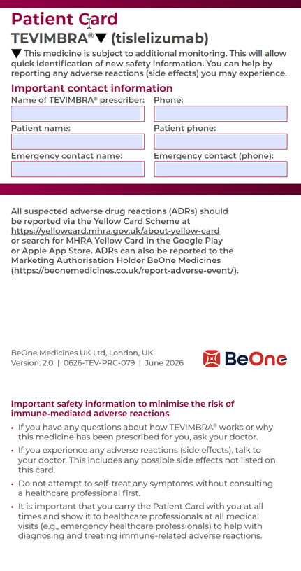 Tevimbra® (Tislelizumab): Patient Card
